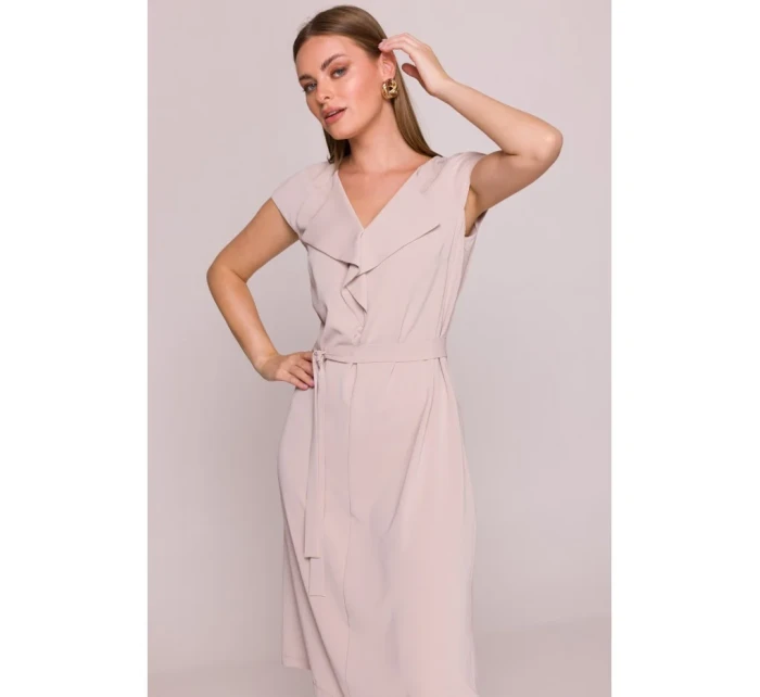 S411 Šaty bez rukávů s volánkovým výstřihem - béžové S411 Šaty bez rukávů s volánkovým výstřihem - béžové