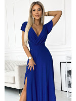 Dámské lesklé dlouhé šaty s výstřihem Numoco CRYSTAL - chrpově modré