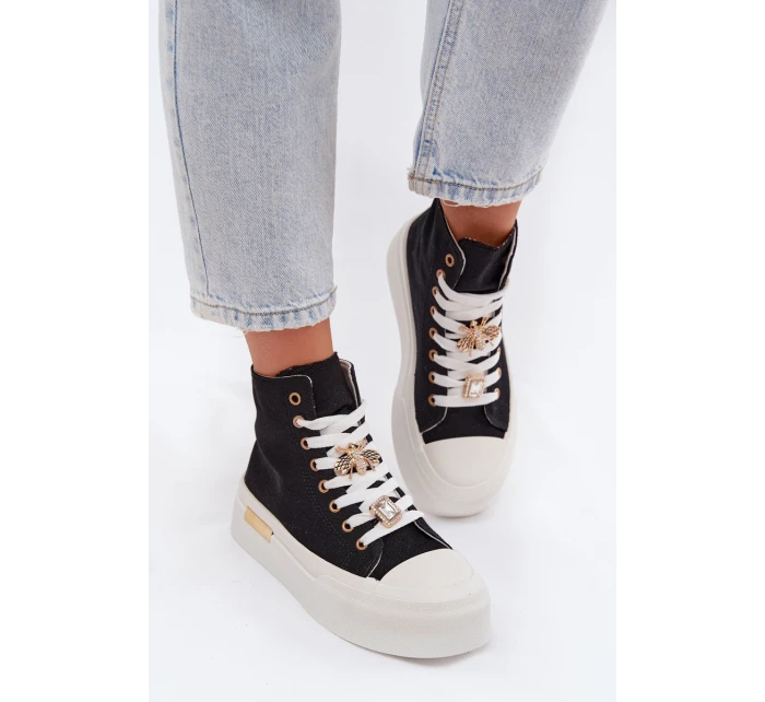 Dámské plátěné tenisky na platformě s ozdobnými připínkami – černé Gracella