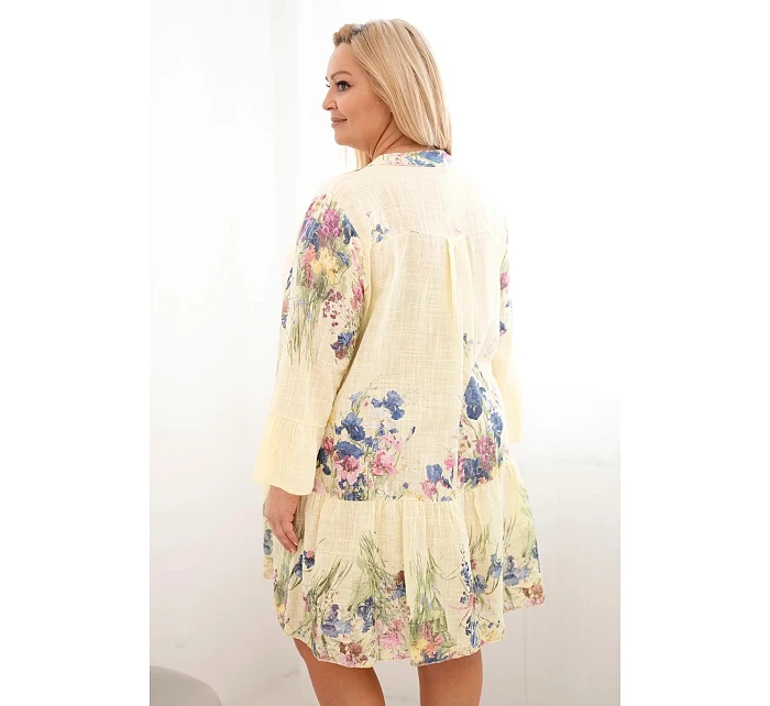Dámské bavlněné šaty Plus Size s výstřihem do V a knoflíky květinový vzor žlutá