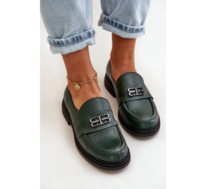 Zazoo 20174 Kožené Elegantní Polobotky Dámské Na Plochém Podpatku Tmavě Zelené