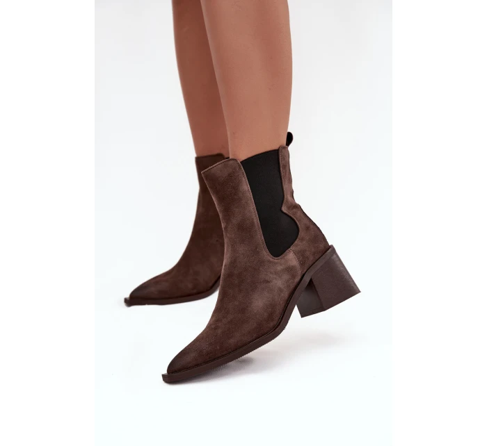 Kožené semišové dámské boty na podpatku s vyhříváním Artiker 57C0047 hnědé