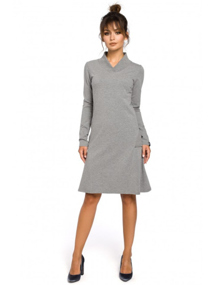 B044 Trapézové šaty s žebrovaným lemováním - šedé