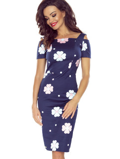 Elegantní tmavě modré květované dámské šaty s krátkými rukávy 440-3