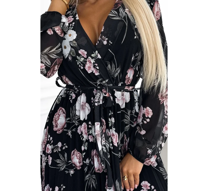Černé dámské plisované midi šaty s výstřihem, dlouhými rukávy, zavazováním v pase a se vzorem květů model 21883680 - numoco basic