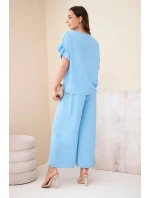Dámský viskózový komplet s halenkou s potiskem a kalhotami modrý