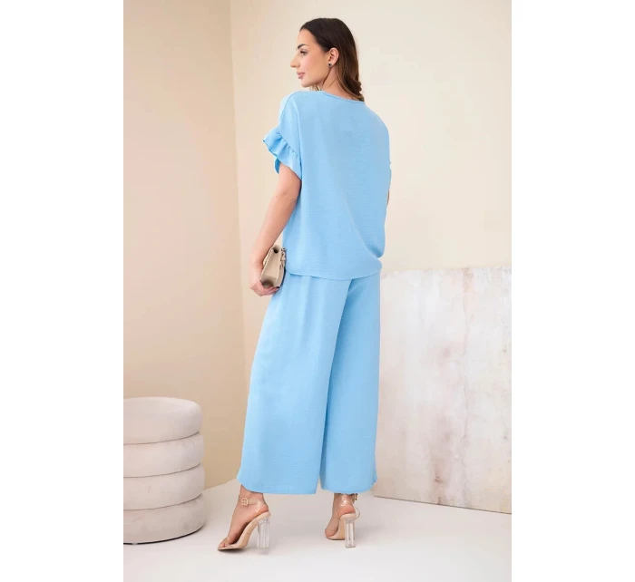 Dámský viskózový komplet s halenkou s potiskem a kalhotami modrý