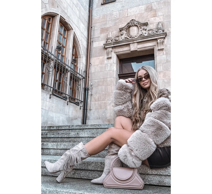 Dámské kotníkové boty na podpatku s třásněmi a vyhřívané béžové model 21757525 - Boto Dámské kotníkové boty na podpatku s třásněmi a vyhřívané béžové model 21757525 - Boto