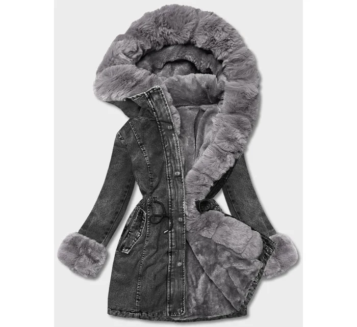 Černo/šedá dámská džínová bunda s kožešinovou podšívkou (B8068-109) Černo/šedá dámská džínová bunda s kožešinovou podšívkou (B8068-109)