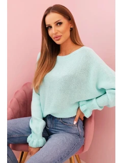 Svetr dámský z mohéru s nařasenými rukávy a výstřihem na zádech mátový
