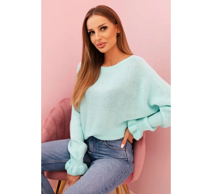 Svetr dámský z mohéru s nařasenými rukávy a výstřihem na zádech mátový Svetr dámský z mohéru s nařasenými rukávy a výstřihem na zádech mátový