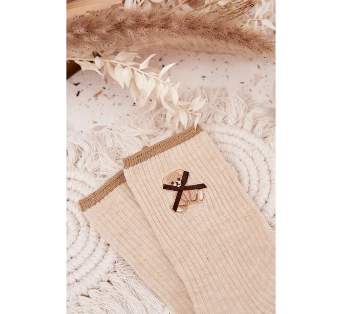 Bavlněné žebrované ponožky s medvídkem – béžové Bavlněné žebrované ponožky s medvídkem – béžové