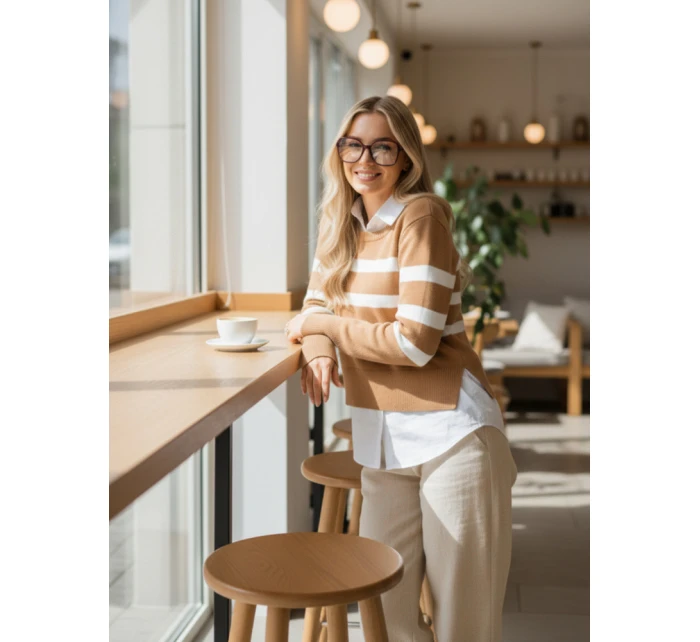 Dámský pruhovaný svetr ASTRIDA camel FashionStreet MY2226