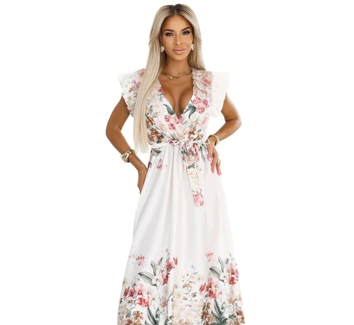Saténové maxi šaty s výstřihem a květinovým v boho stylu model 21177152 - numoco basic Saténové maxi šaty s výstřihem a květinovým v boho stylu model 21177152 - numoco basic