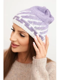 Zimní dámská čepice z vlny s geometrickým vzorem a kamínky K469 fialová