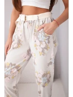 Dámské viskózové květinové kalhoty s páskem béžové