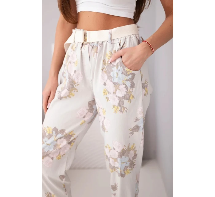 Dámské viskózové květinové kalhoty s páskem béžové