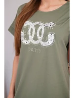 Dámské viskózové šaty s krátkým rukávem a ozdobným potiskem khaki