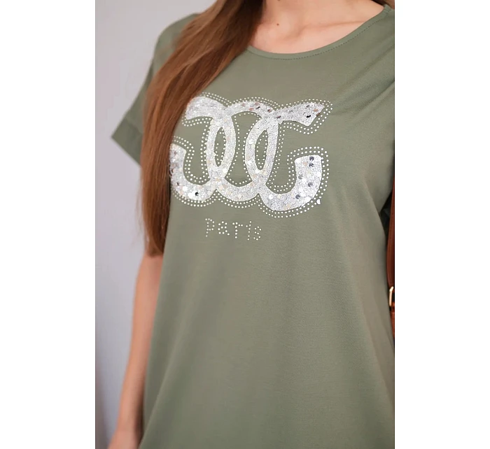Dámské viskózové šaty s krátkým rukávem a ozdobným potiskem khaki