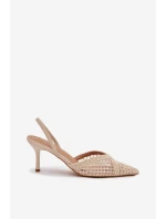 Sandály z pleteniny na jehlovém podpatku světle béžové model 21919223 - Boto