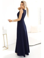 elegantní maxi šaty s obálkovým výstřihem a rozparkem na nohou tmavě modré model 21427379 - numoco