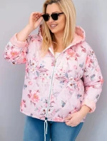 Dámská jarní prošívaná bunda Plus Size s kapucí a květinovým vzorem pudrově růžová
