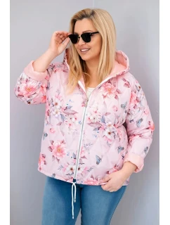 Dámská jarní prošívaná bunda Plus Size s kapucí a květinovým vzorem pudrově růžová