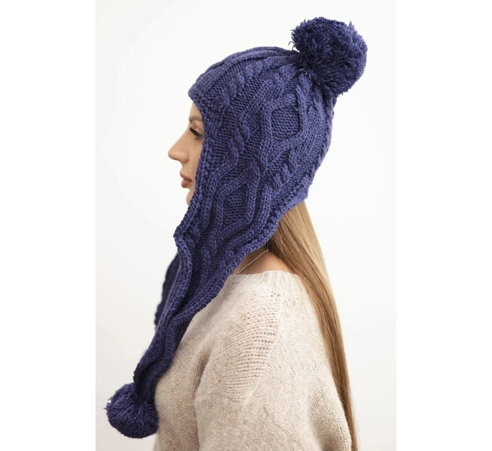 Dámská zimní čepice z vlny s bambulemi a prodlouženými stranami K448 fialová