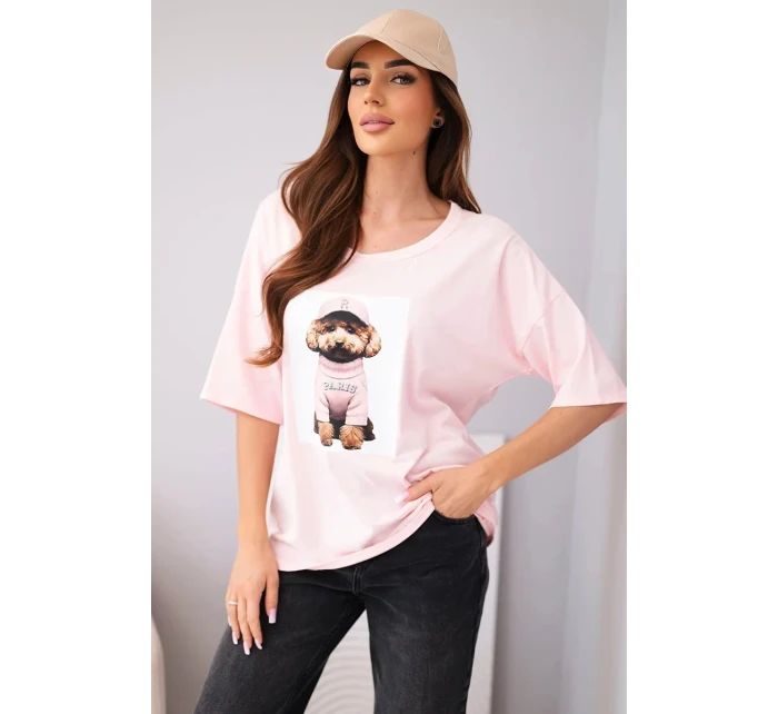 Dámské bavlněné oversize tričko s krátkým rukávem a potiskem bonbónově růžová