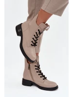 Kožené dámské boty na nízkém podpatku model 21713386 Béžové - VINCEZA