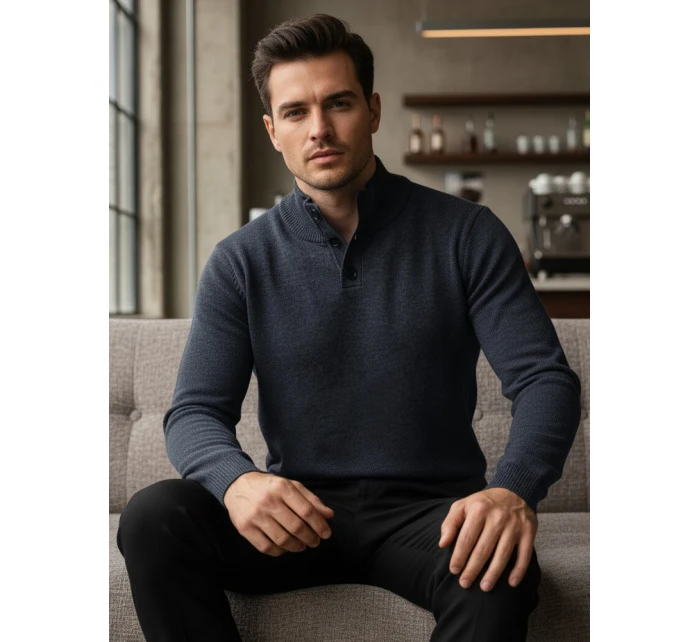 Pánský svetr se stojáčkem tmavě modrý FashionStreet WX2357 Pánský svetr se stojáčkem tmavě modrý FashionStreet WX2357