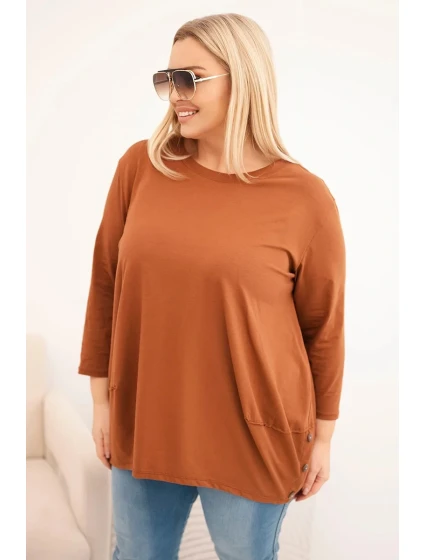 Dámská blůza Plus Size z bavlny s ozdobnými knoflíky a ohrnovacími rukávy camelová
