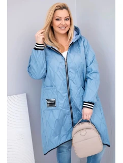 Dámská bunda Plus Size prošívaná s kapucí a sportovními manžetami jeansová