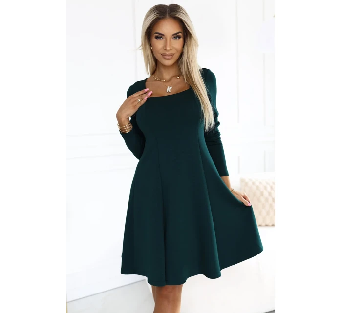 574-1 IVANA pohodlné trapézové šaty s výstřihem a dlouhými rukávy - BOTTLE GREEN