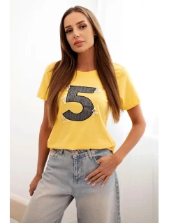 Dámská blůza s krátkým rukávem a nášivkou s perličkami žlutá