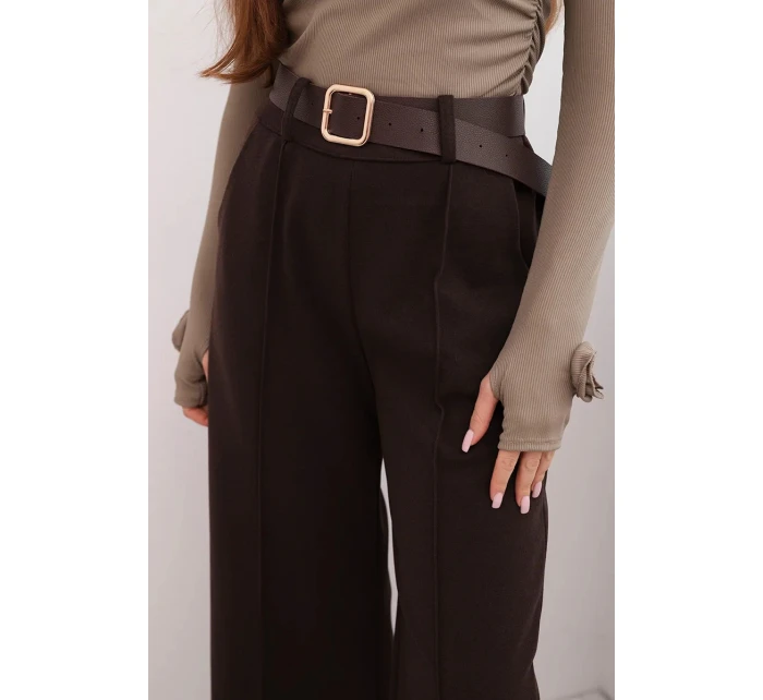 Dámské elegantní kalhoty s páskem a širokou nohavicí hnědé Dámské elegantní kalhoty s páskem a širokou nohavicí hnědé