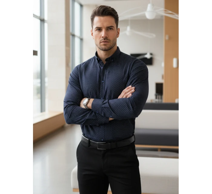 Pánská tmavě modrá vzorovaná košile slim fit FashionStreet DX2689 Pánská tmavě modrá vzorovaná košile slim fit FashionStreet DX2689