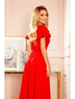 310-2 LIDIA dlouhé šaty s výstřihem a volánky - ČERVENÉ