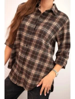 Dámská kostkovaná bavlněná košile s delším zadním dílem hnědá + camelový