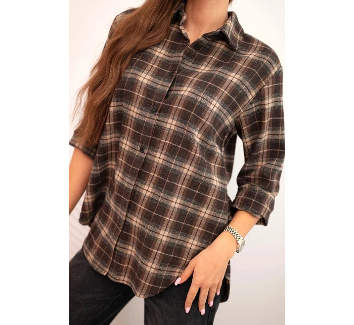 Dámská kostkovaná bavlněná košile s delším zadním dílem hnědá + camelový