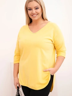 Dámská bavlněná blůza Plus Size s výstřihem do V a ohrnutým rukávem žlutá