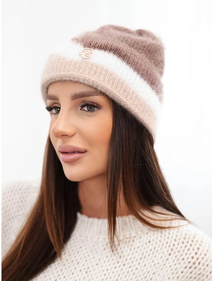 Dámská čepice beanie žebrovaná s ozdobou fango+bílá Dámská čepice beanie žebrovaná s ozdobou fango+bílá