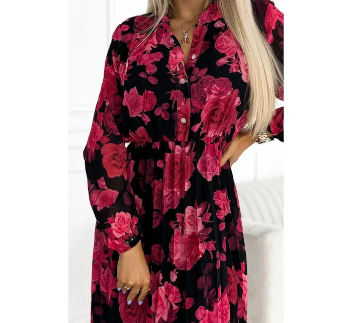 Černé dámské plisované midi šaty se vzorem  s a s dlouhými rukávy model 21486658 - numoco basic