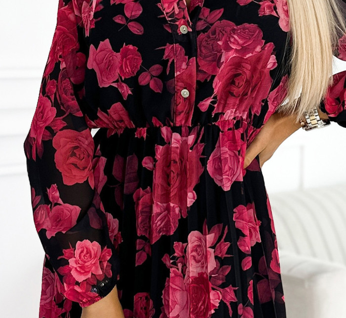 CARLA - Černé dámské plisované midi šaty se vzorem červených růží, s knoflíčky a s dlouhými rukávy 449-2