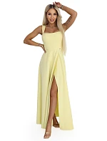 dlouhé šaty s rozparkem a výstřihem typu  žluté s třpytkami model 22092786 - numoco