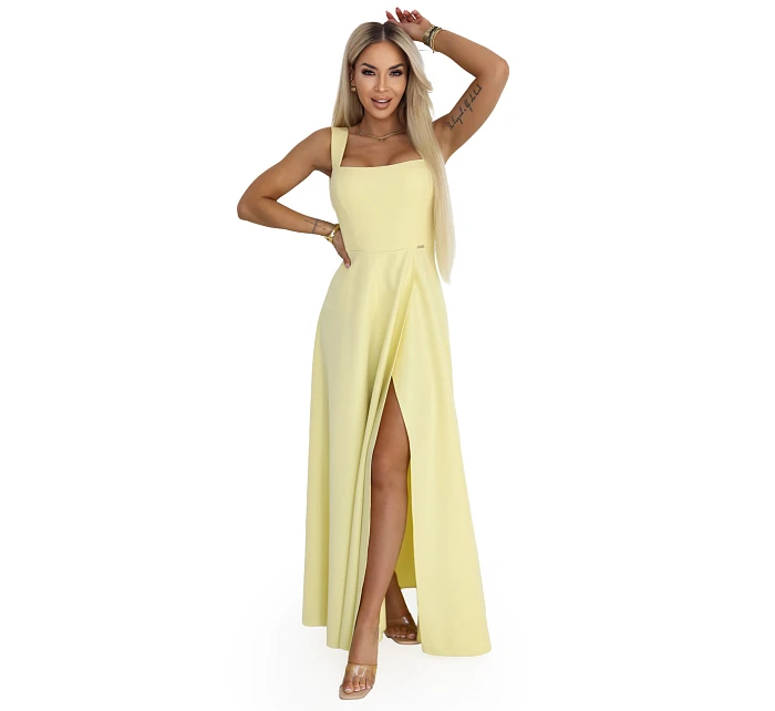 dlouhé šaty s rozparkem a výstřihem typu  žluté s třpytkami model 22092786 - numoco