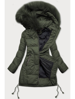 Prošívaná dámská zimní bunda v khaki barvě s kapucí (7690)