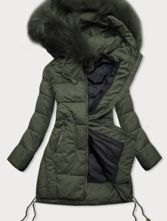 Prošívaná dámská zimní bunda v khaki barvě s kapucí (7690)