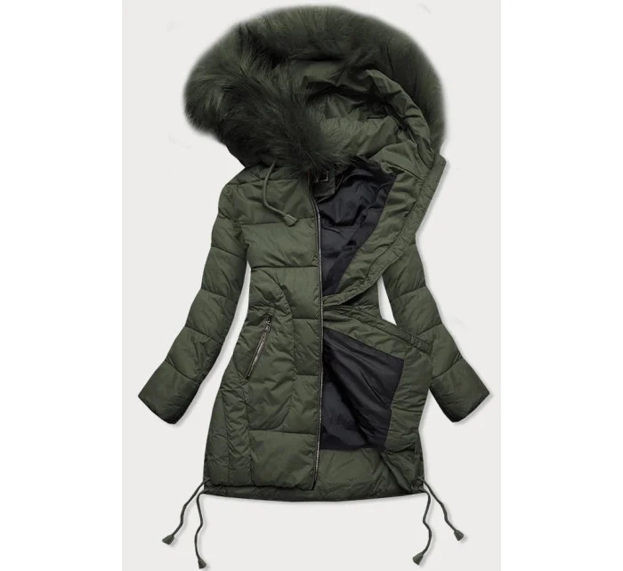 Dámská prošívaná zimní bunda v khaki barvě s kapucí (7690)