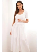 Dámské bavlněné midi šaty s krátkým rukávem a rozšířeným spodkem bílá